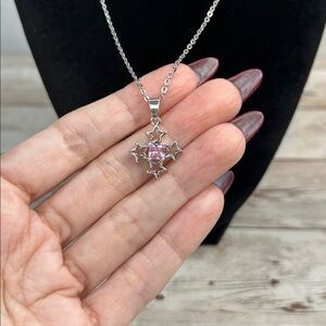 Dazzling Silver Necklace with Pink Star Cross Pendant
